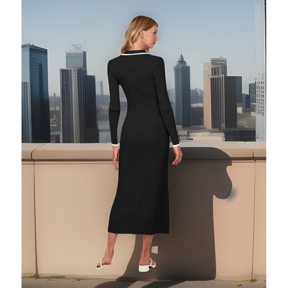 ZESICA Women's Sz M Long sleeve Maxi Sweater dress Lapel Collar Button Bodycon - Picture 6 of 6